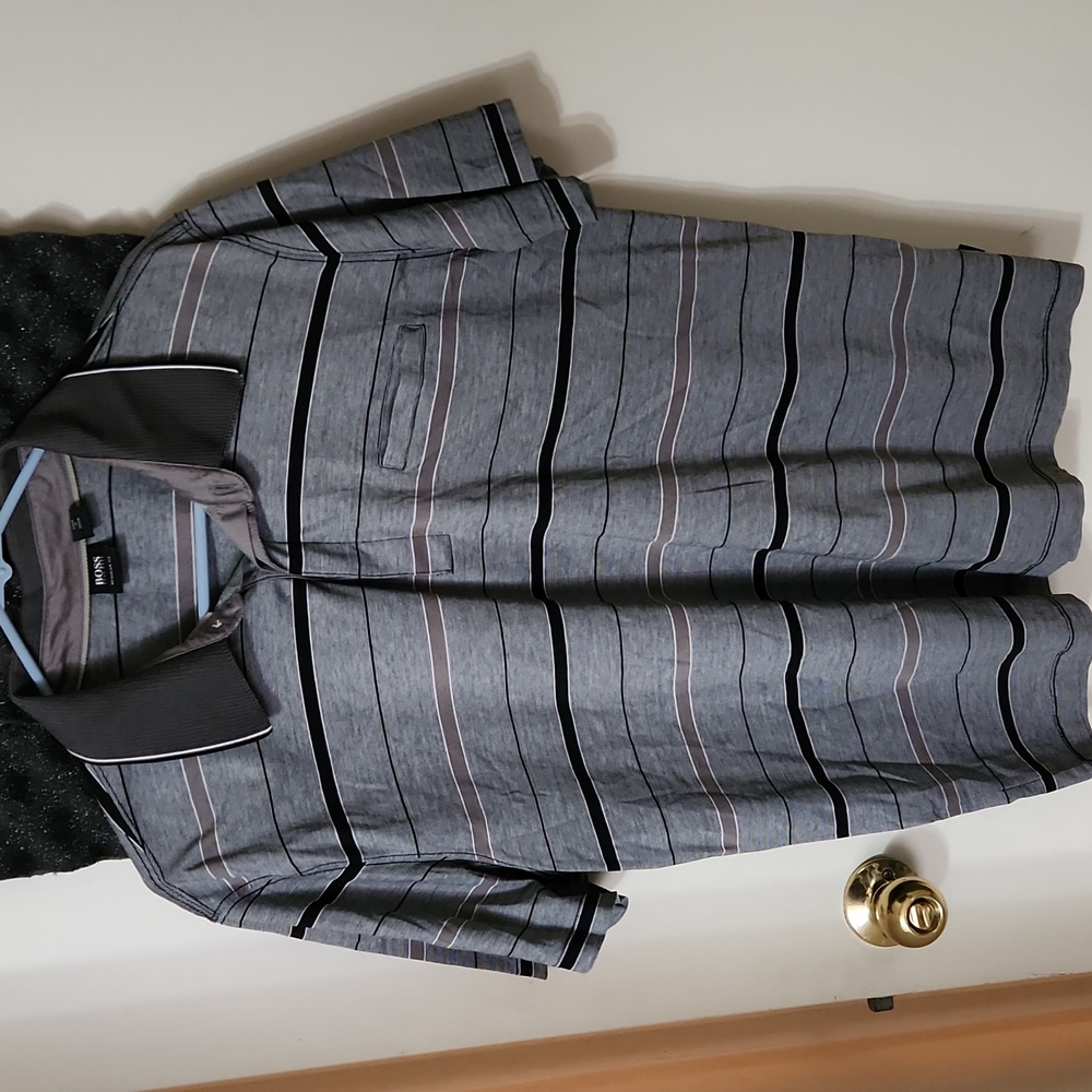 Hugo Boss Lightweight Stripe 1/4 Button Down Polo Shirt Gray, White & Brown